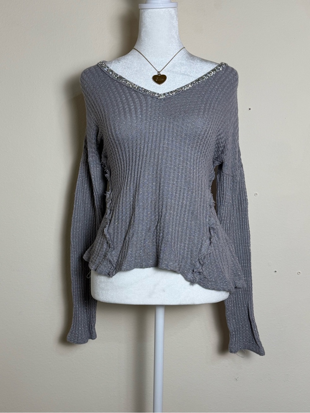 Juicy Couture Sparkle Trim Ribbed V-Neck Sweater in Taupe